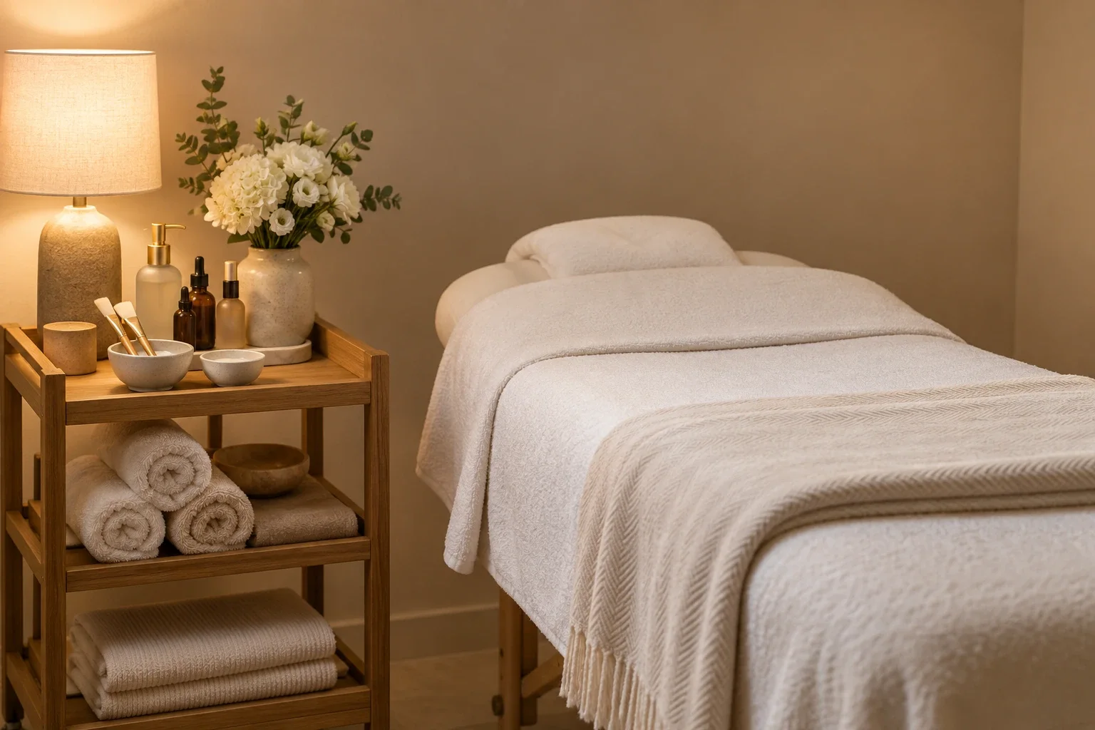 Cabine de soin du visage prête à accueillir une cliente dans un salon de Genève, avec flacons et pinceaux sur une desserte