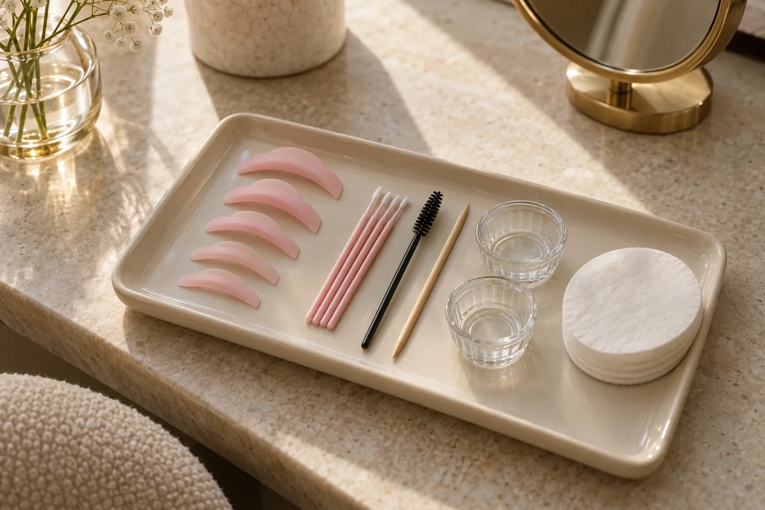 Silicone lash lift pads in several sizes, micro-brushes and a spoolie laid out on a tray before a lash lift