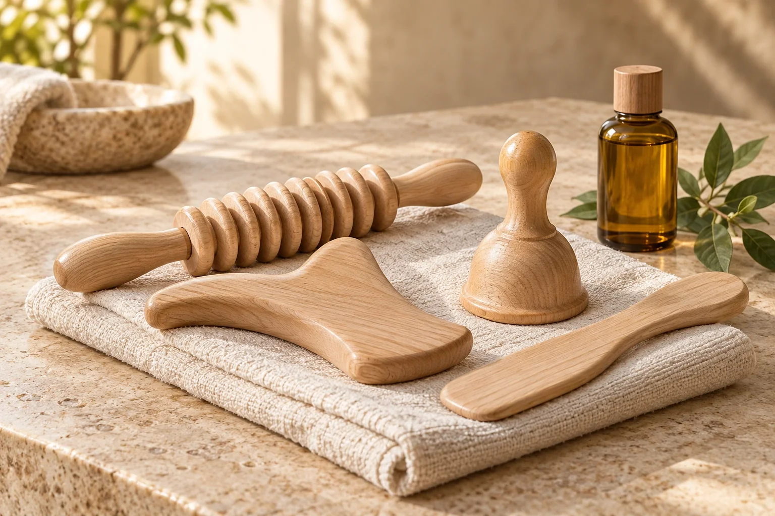 Holzinstrumente der Maderotherapie: gerillte Rolle, Formspatel, Holzschröpfkopf und Spatel neben einer Flasche Körperöl