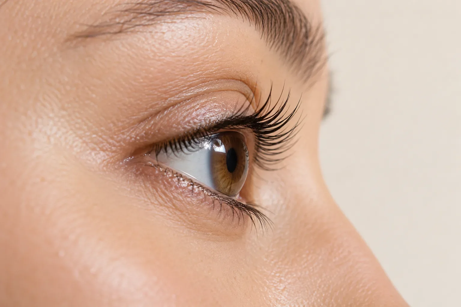 Profile of an eye with lifted, separated lashes after a Korean lash lift