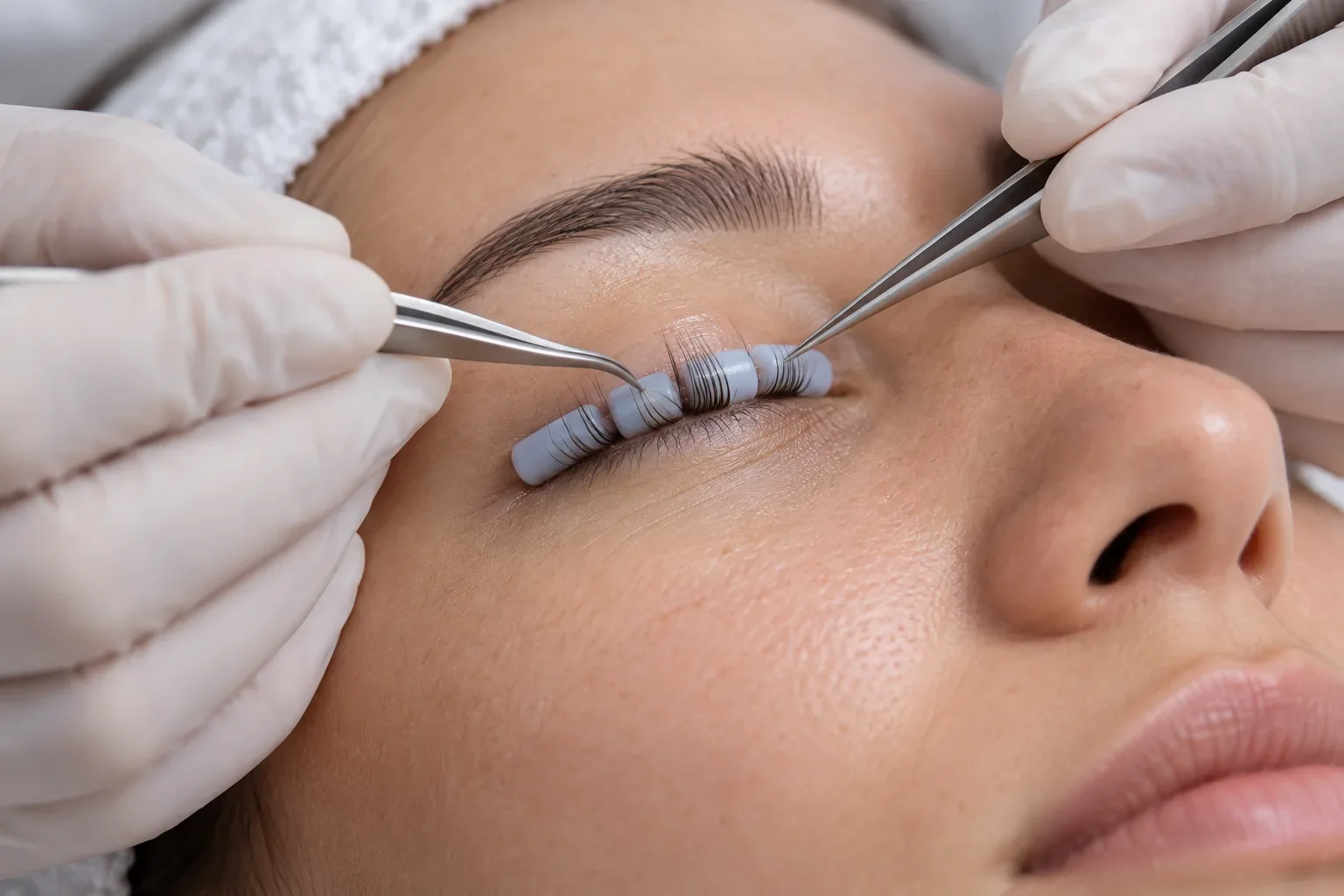 Lashes placed in small groups on rods during a Korean lash lift