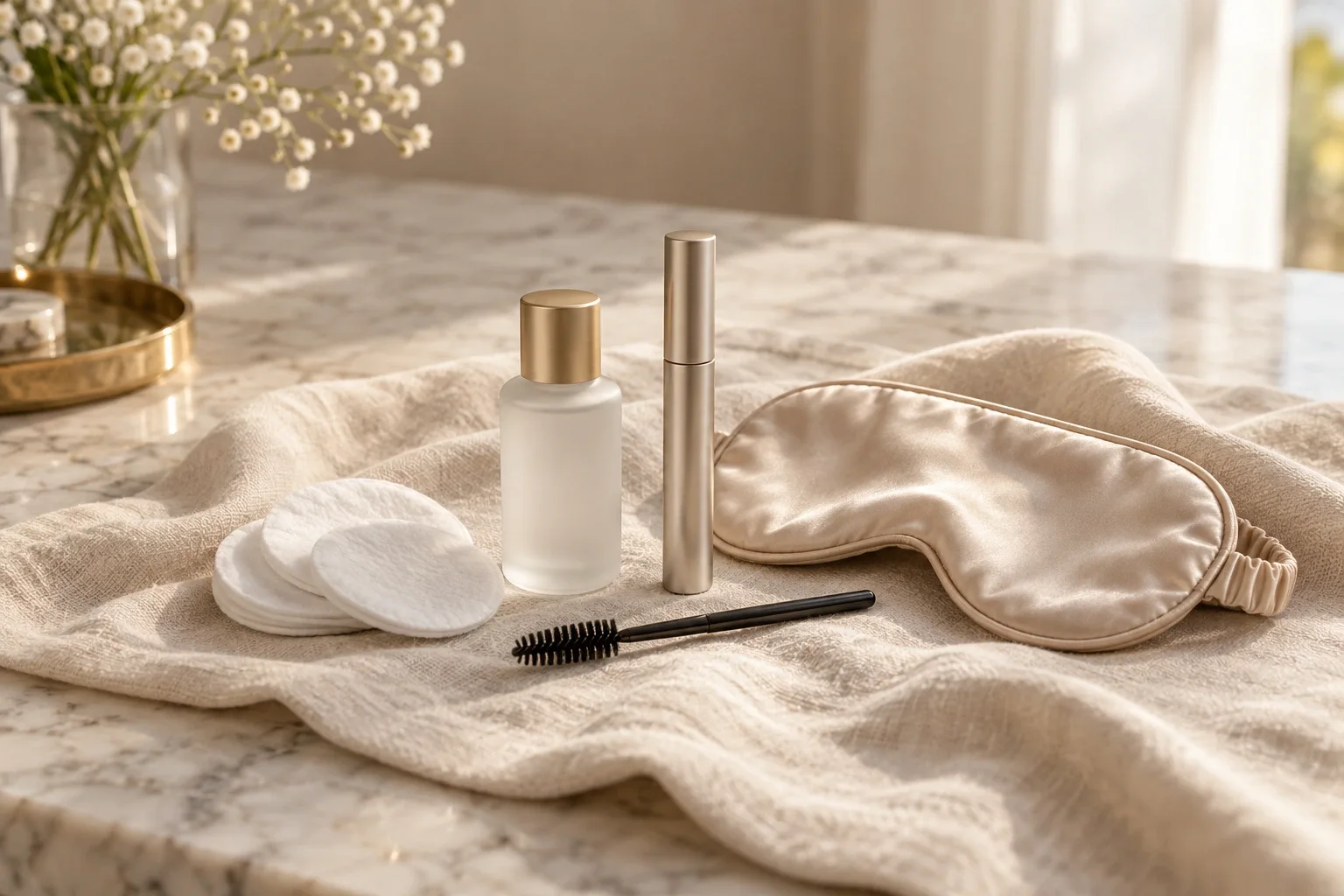Essentiels des soins après un rehaussement de cils : nettoyant sans huile, sérum pour cils, brosse, cotons et masque de nuit en soie