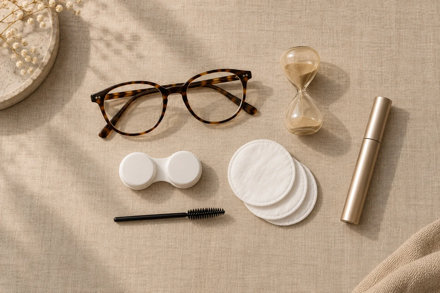 À prévoir avant un rehaussement de cils et une teinture : lunettes, étui à lentilles, brosse à cils, cotons et sérum de pousse mis de côté une semaine avant