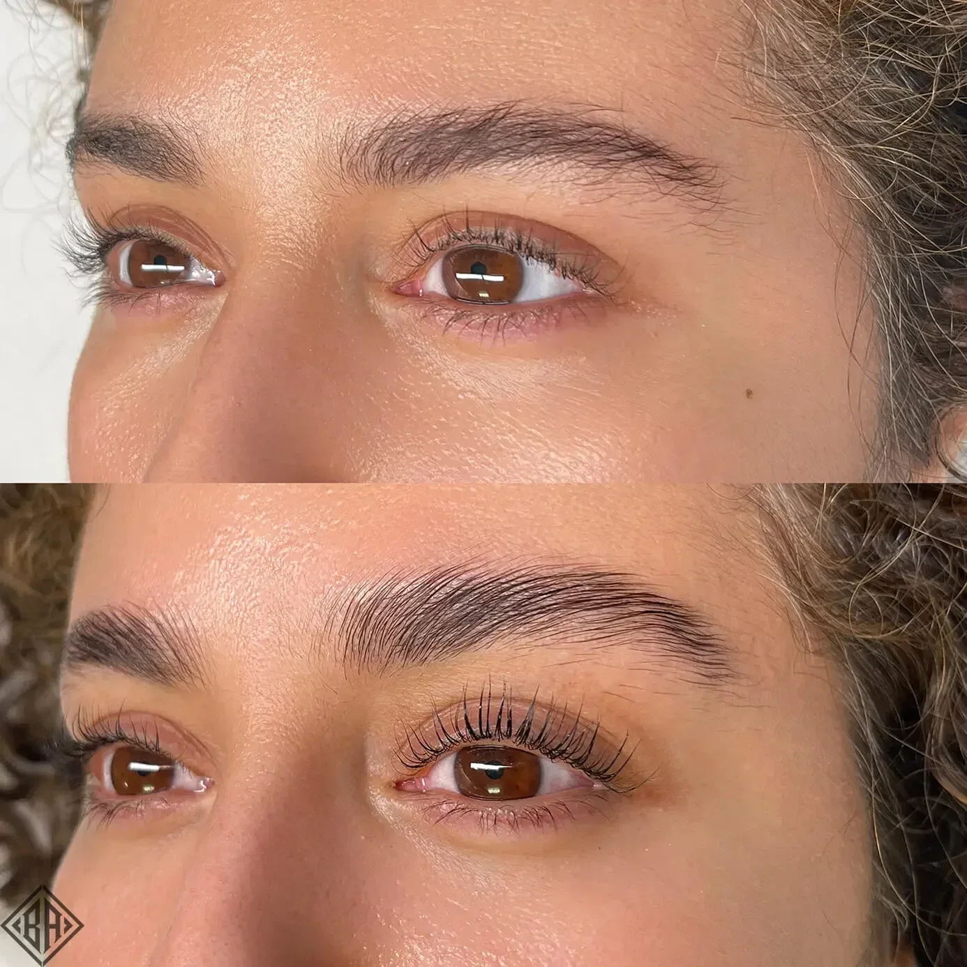 Before and after a lash lift at the Geneva studio, straight lashes on top and curled lashes below