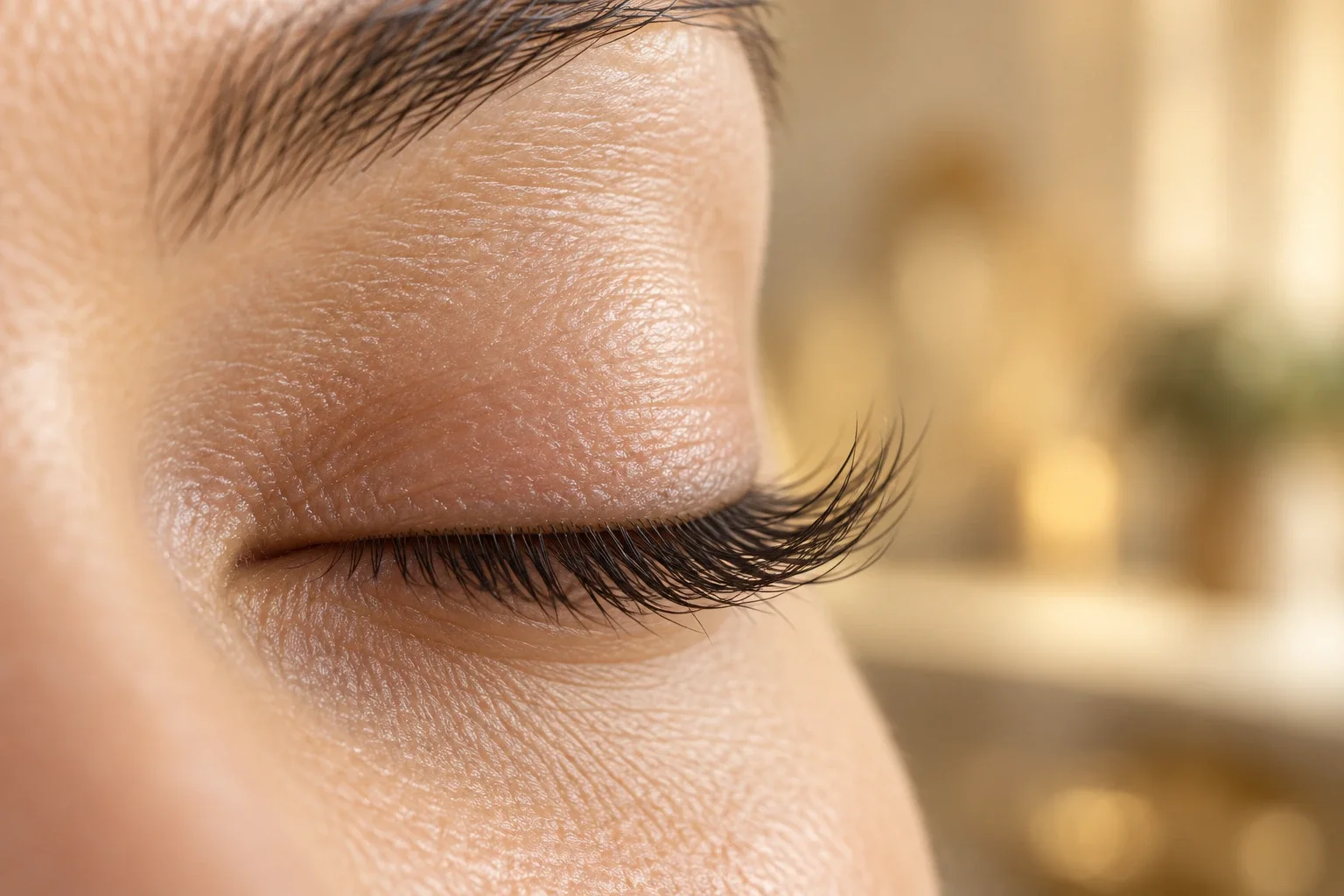 Nahaufnahme natürlicher Wimpern, die nach einem Wimpernlifting vom Ansatz an nach oben geschwungen sind, ganz ohne Extensions