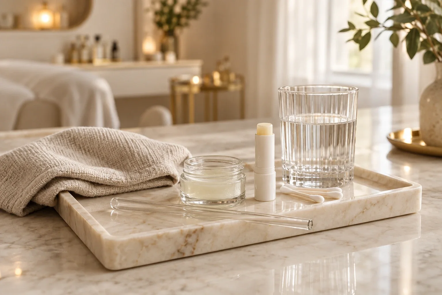 Healing balm, glass straw, SPF lip balm and cotton buds for lip blush aftercare