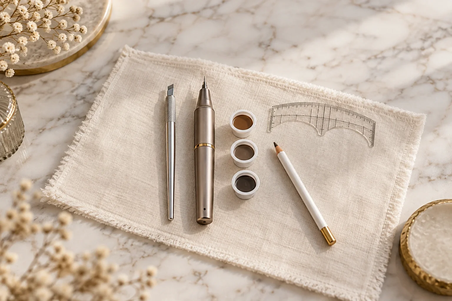 Manual microblading blade tool and a PMU shading pen side by side with brown pigment cups and a brow ruler