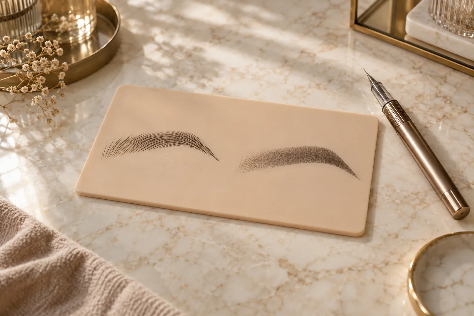 Practice skin showing a hair-stroke microblading brow on the left and a soft powdered microshading brow on the right