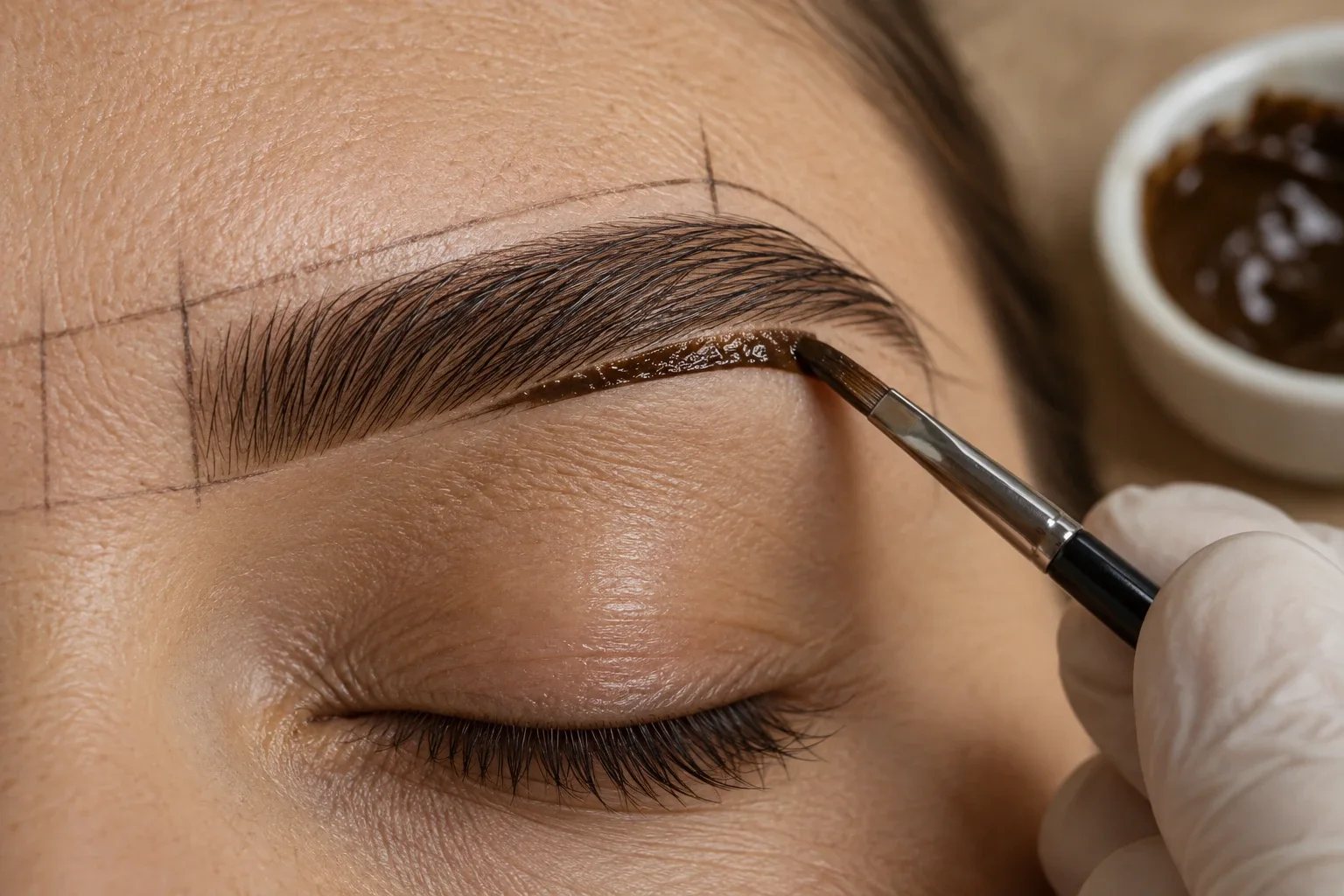 Henna paste applied with a fine angled brush along the mapped brow outline